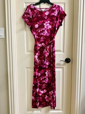 J Jill Floral Pink & Burgundy Midi Dress with Tie Waist